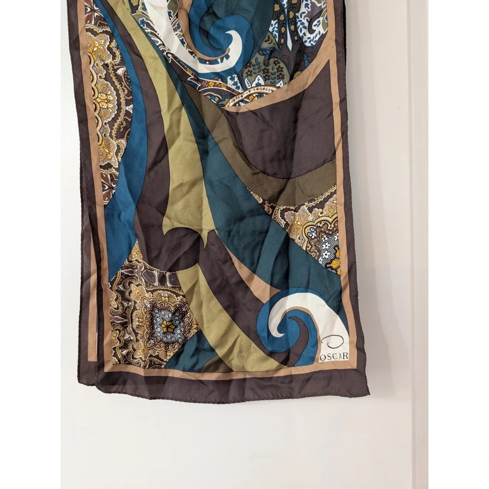 Oscar de la Renta Silk Scarf Brown Teal Paisley Abstract Swirl Rectangular Logo